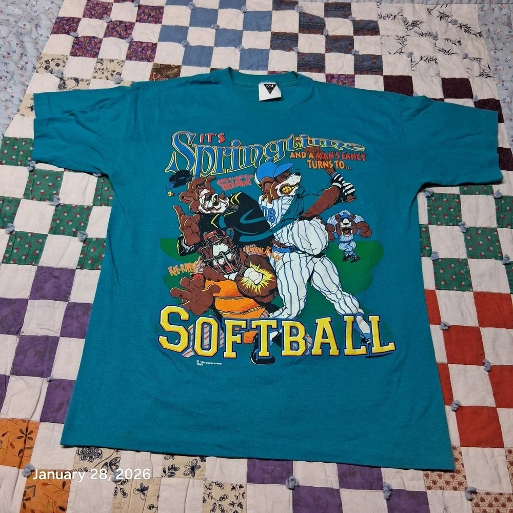Vintage Softball Cartoon Graphic T Shirt Blue‎ Size Large 1993 Single Stitch